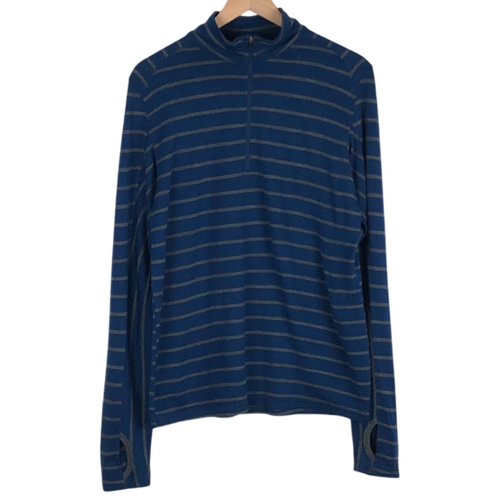 IBEX Merino Wool Quarter Zip Striped Base Layer Top Men's L Blue Grey Size M